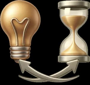 Illustration of a light bulb and an hourglass linked by arrows, representing ideas and strategy