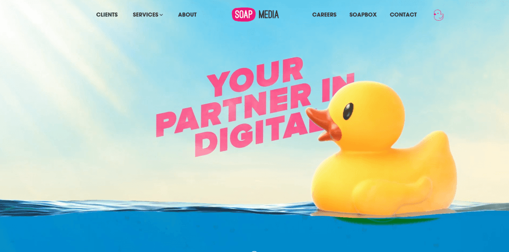 Soap Media homepage with a yellow rubber duck and the headline Your Partner in Digital