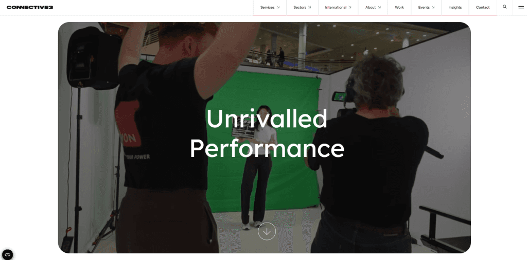 Connective3 homepage showing a film crew shooting in a green screen studio