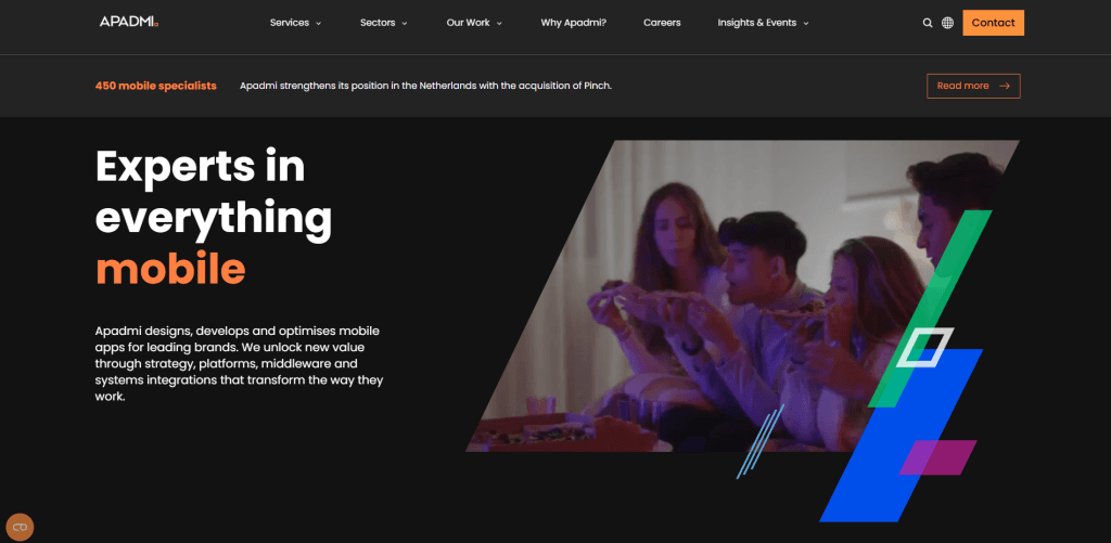 Apadmi homepage with the headline Experts in everything mobile