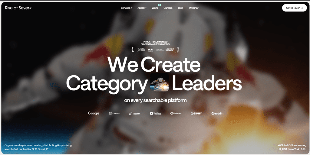 Rise at Seven homepage with the headline We Create Category Leaders