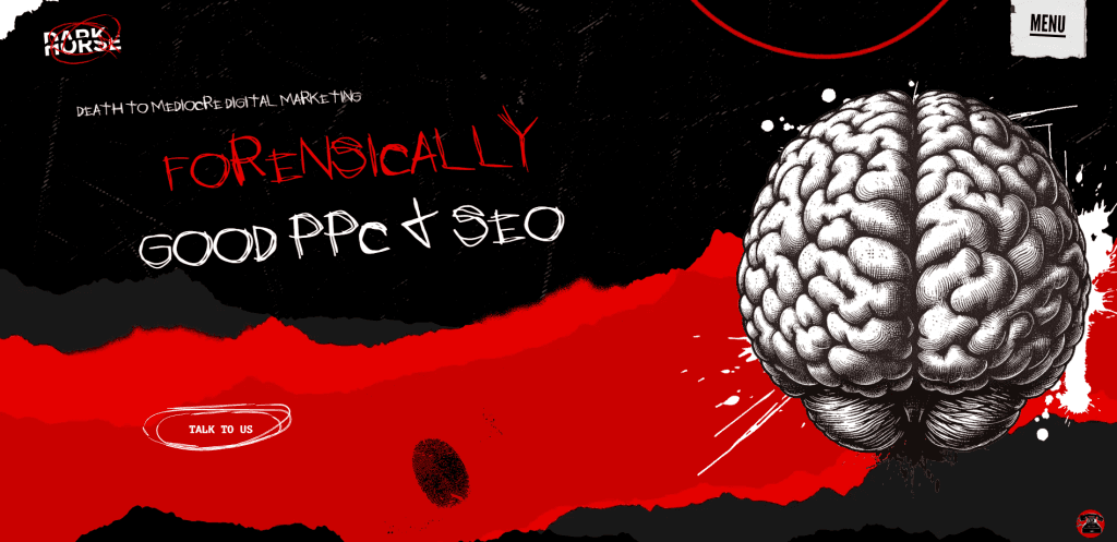 Dark Horse homepage with a hand-drawn brain illustration and the line Forensically good PPC and SEO