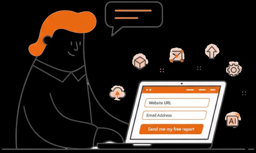 Illustration of a person entering a website URL and email into the free report form
