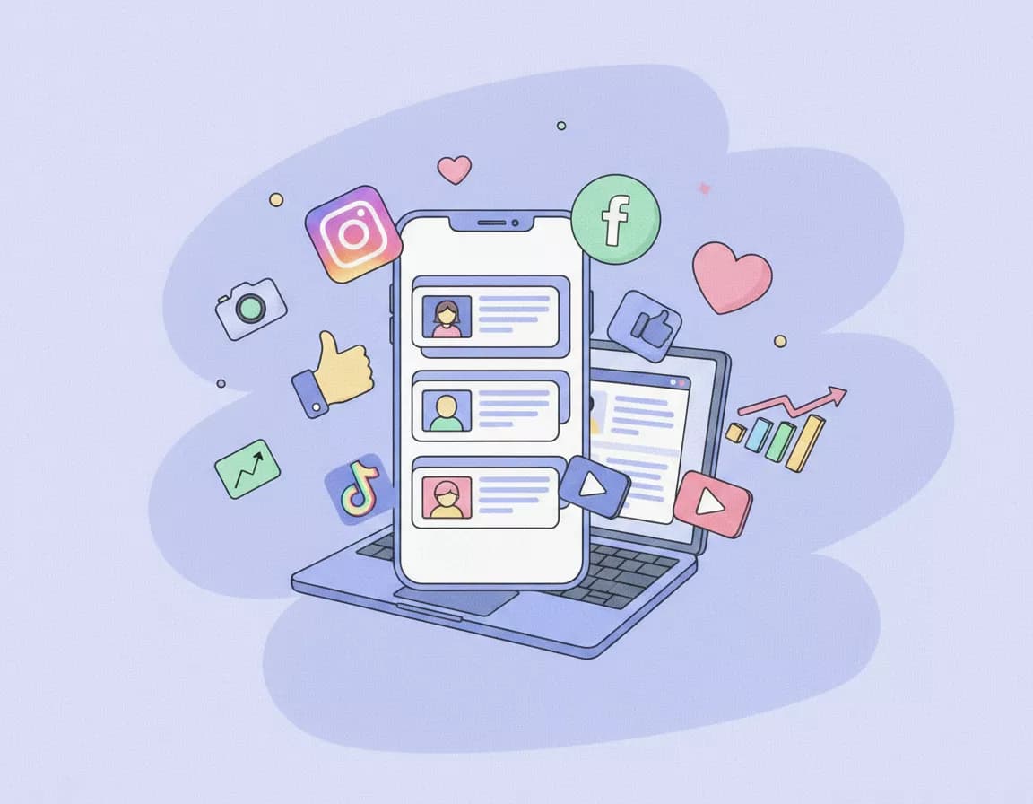 Illustration of a phone and laptop surrounded by Instagram, Facebook, TikTok and YouTube icons and growth charts