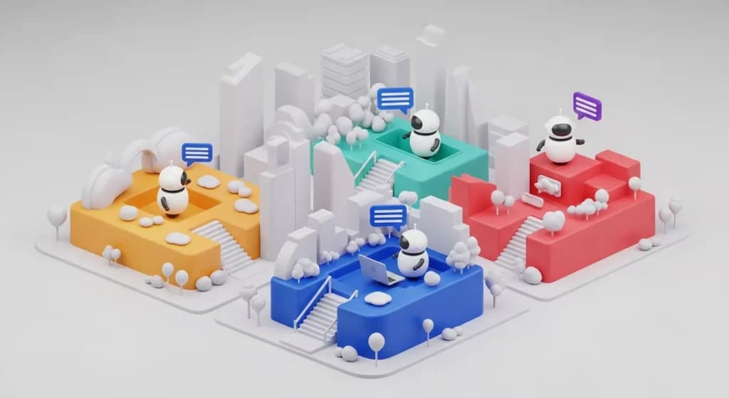 Small robots with speech bubbles on colourful city blocks