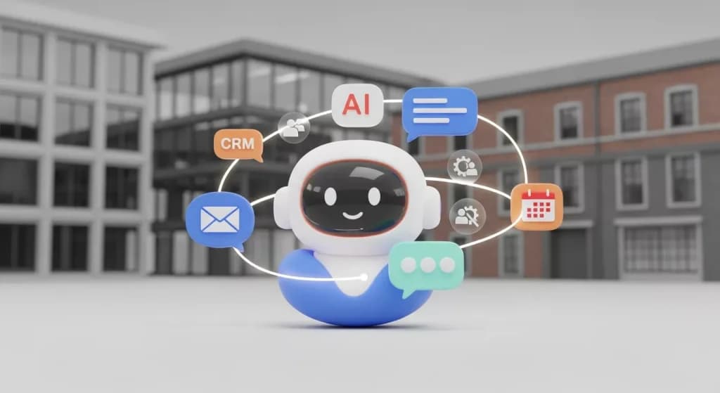 Friendly robot surrounded by CRM, email, calendar and chat icons in front of brick buildings