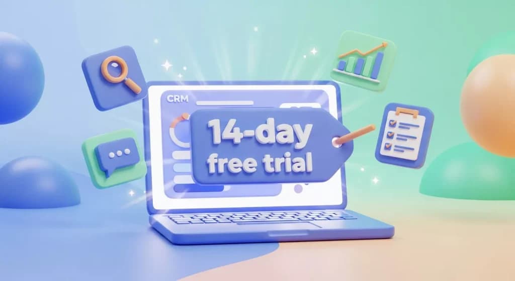 Laptop showing a CRM screen with a 14-day free trial tag, surrounded by chat, search and chart icons