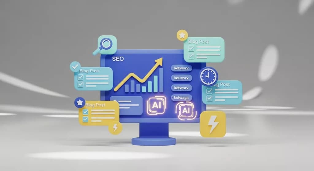 Monitor showing an SEO growth chart surrounded by blog post cards with AI and lightning icons