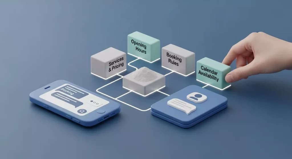 Connected blocks for services and pricing, opening hours, booking rules and calendar availability feeding a chat on a phone