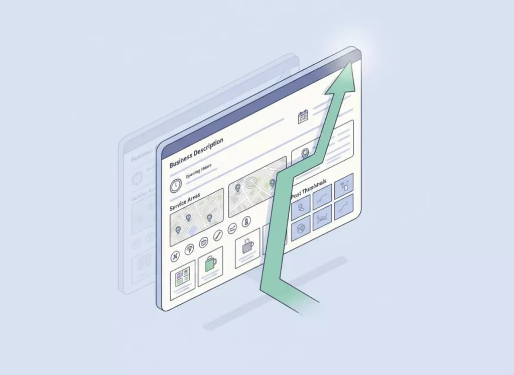 Business profile panel with description, services and photos and a rising green arrow