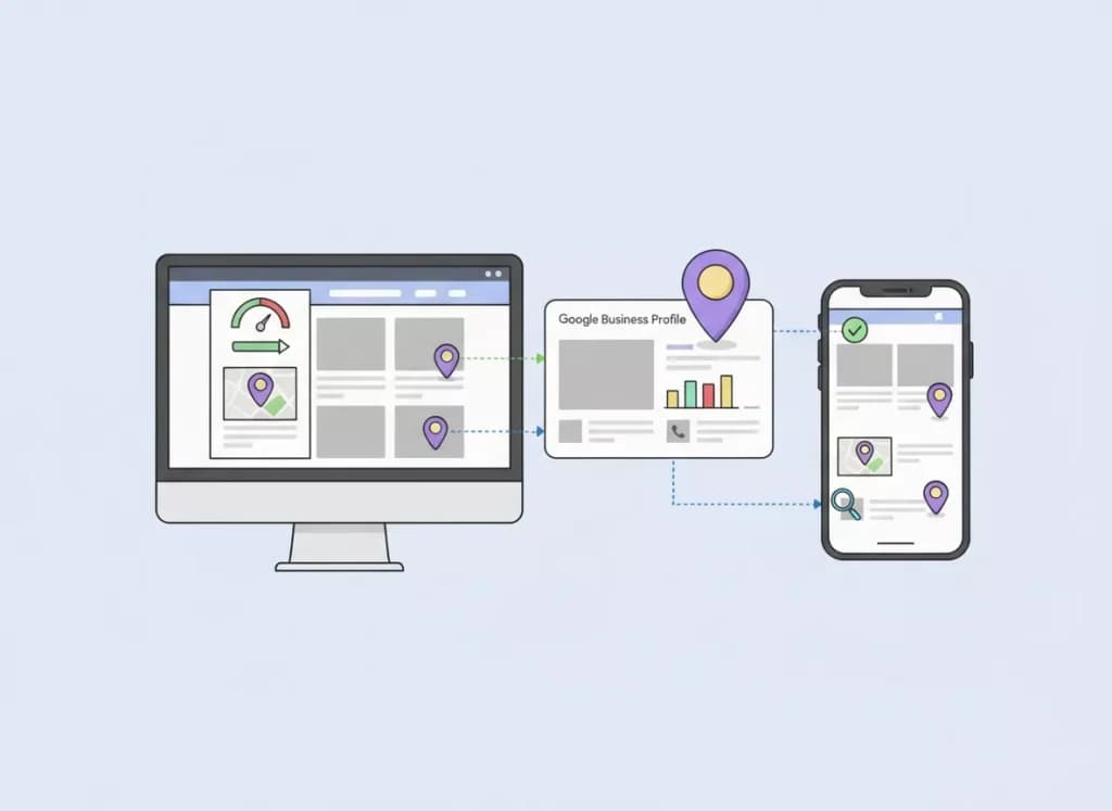 Website on a monitor linked to a Google Business Profile panel and a phone showing map pins