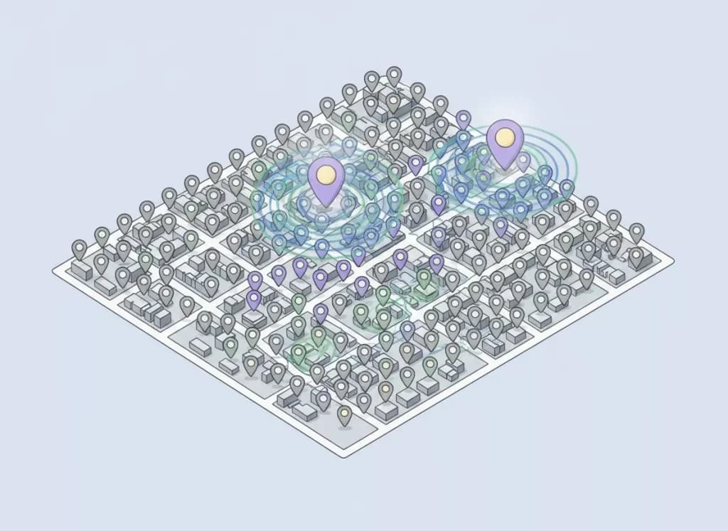 City grid crowded with map pins, with two highlighted pins standing out