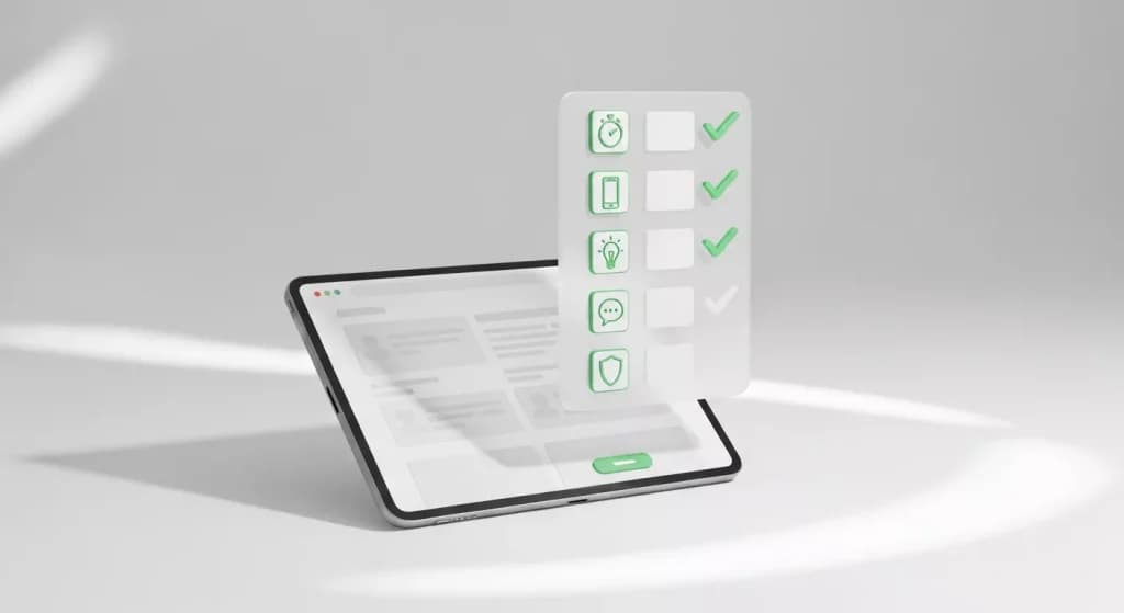 Tablet showing a website beside a floating checklist with green ticks