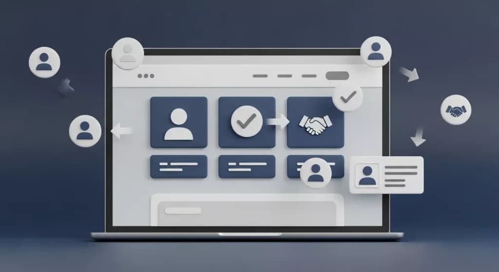 Laptop showing a website flow from visitor profile to approval to handshake, with user icons around it