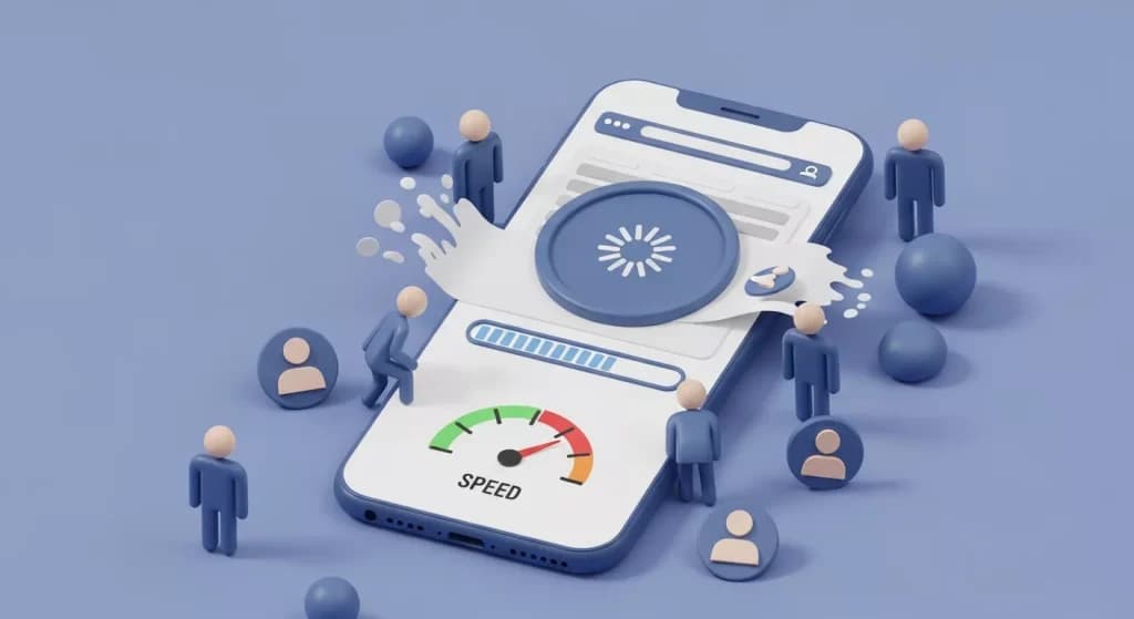 Phone showing a loading spinner and speed gauge while small figures wait around it