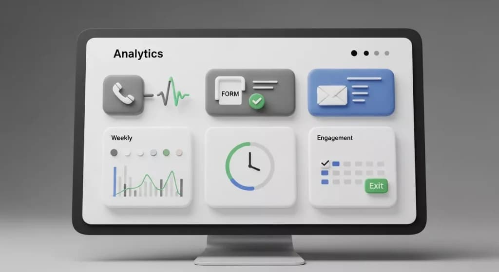 Monitor showing an analytics dashboard tracking calls, form submissions, emails, time on site and exits