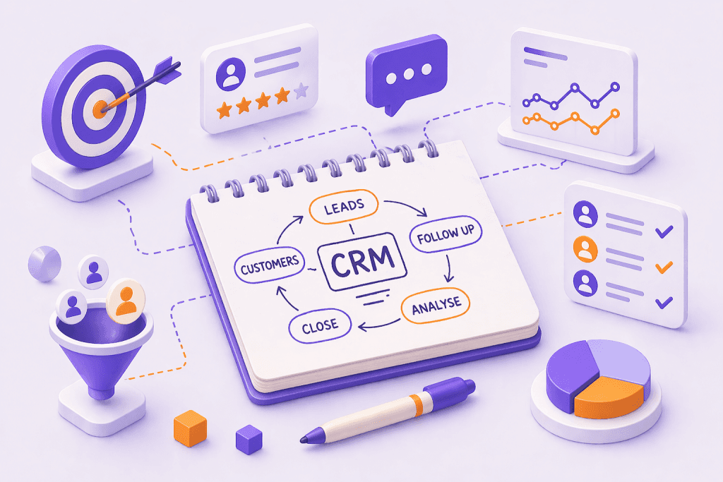 Notebook sketch of a CRM cycle from leads to follow up, close, analyse and customers, beside a funnel and target