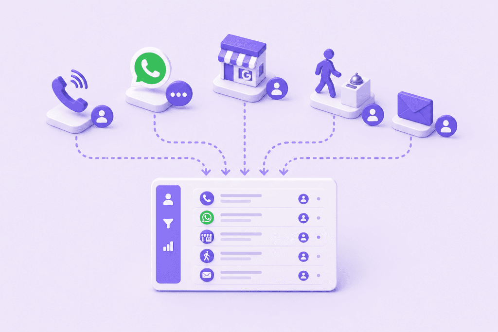Calls, WhatsApp, shop visits, walk-ins and emails feeding into one list of enquiries