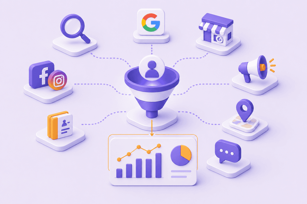 Lead sources such as Google, Facebook, Instagram, a shop, ads and messages flowing through a funnel into a report
