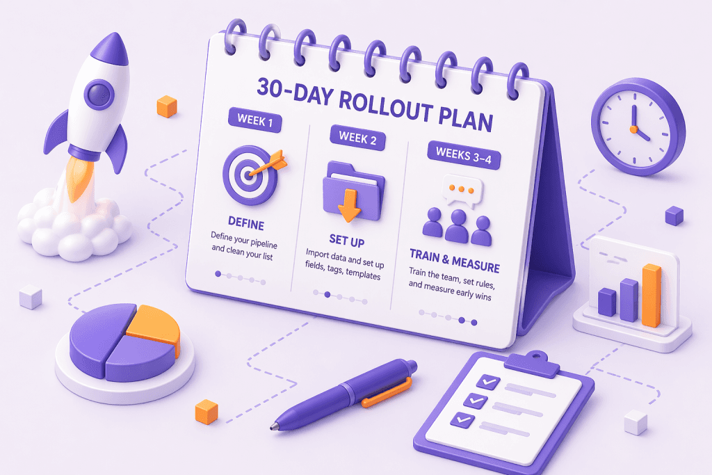 Desk calendar illustrating a 30-day CRM rollout plan: define in week 1, set up in week 2, train and measure in weeks 3 to 4