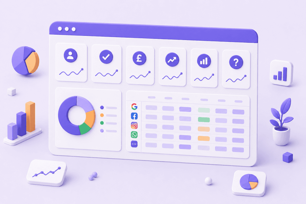 Illustrated lead source dashboard with metric tiles, a donut chart and a table of channels