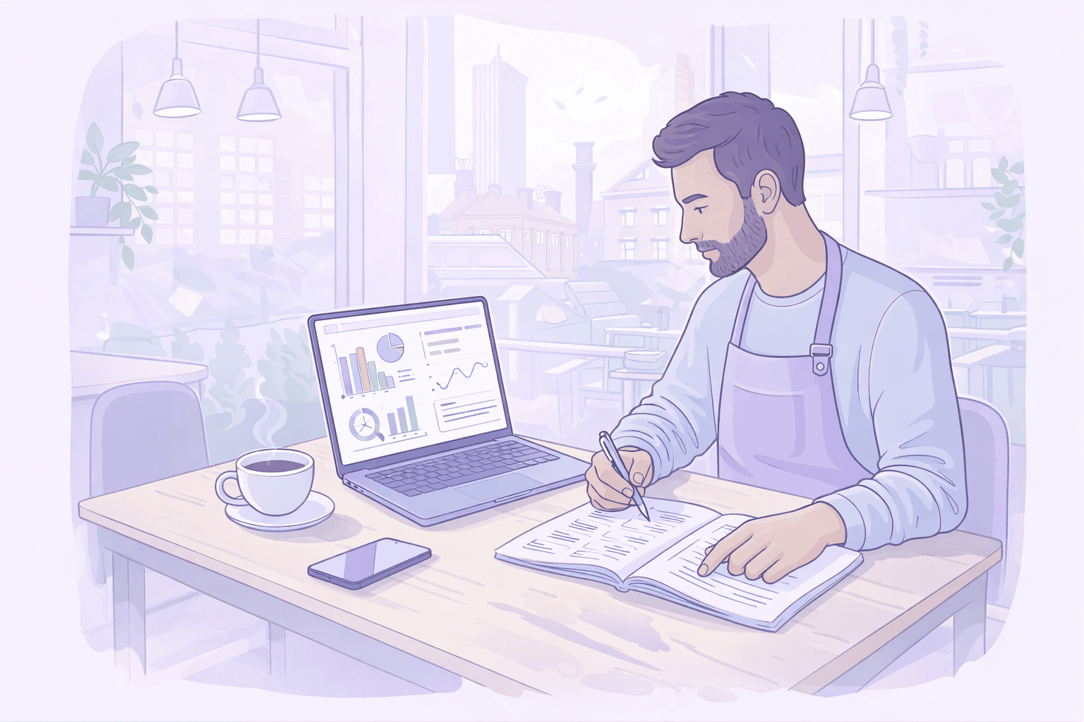 Illustration of a café owner in an apron planning marketing spend in a notebook beside a laptop showing charts