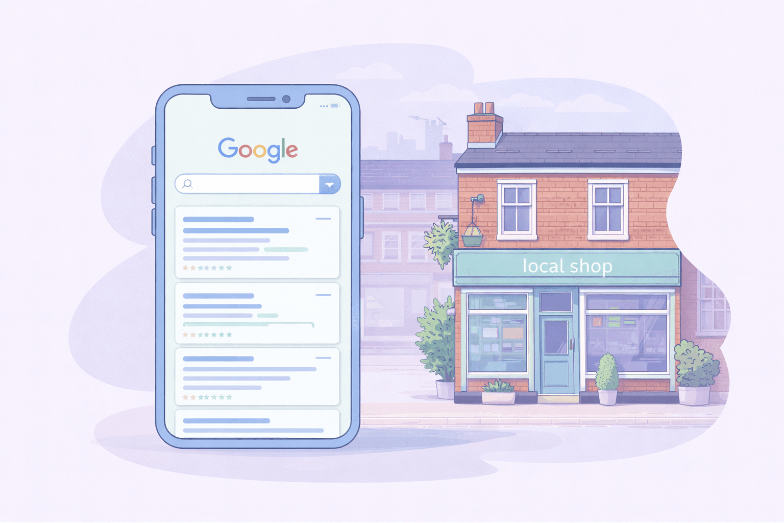 Local search on phone near Manchester shopfront showing intent behind Google Ads vs SEO