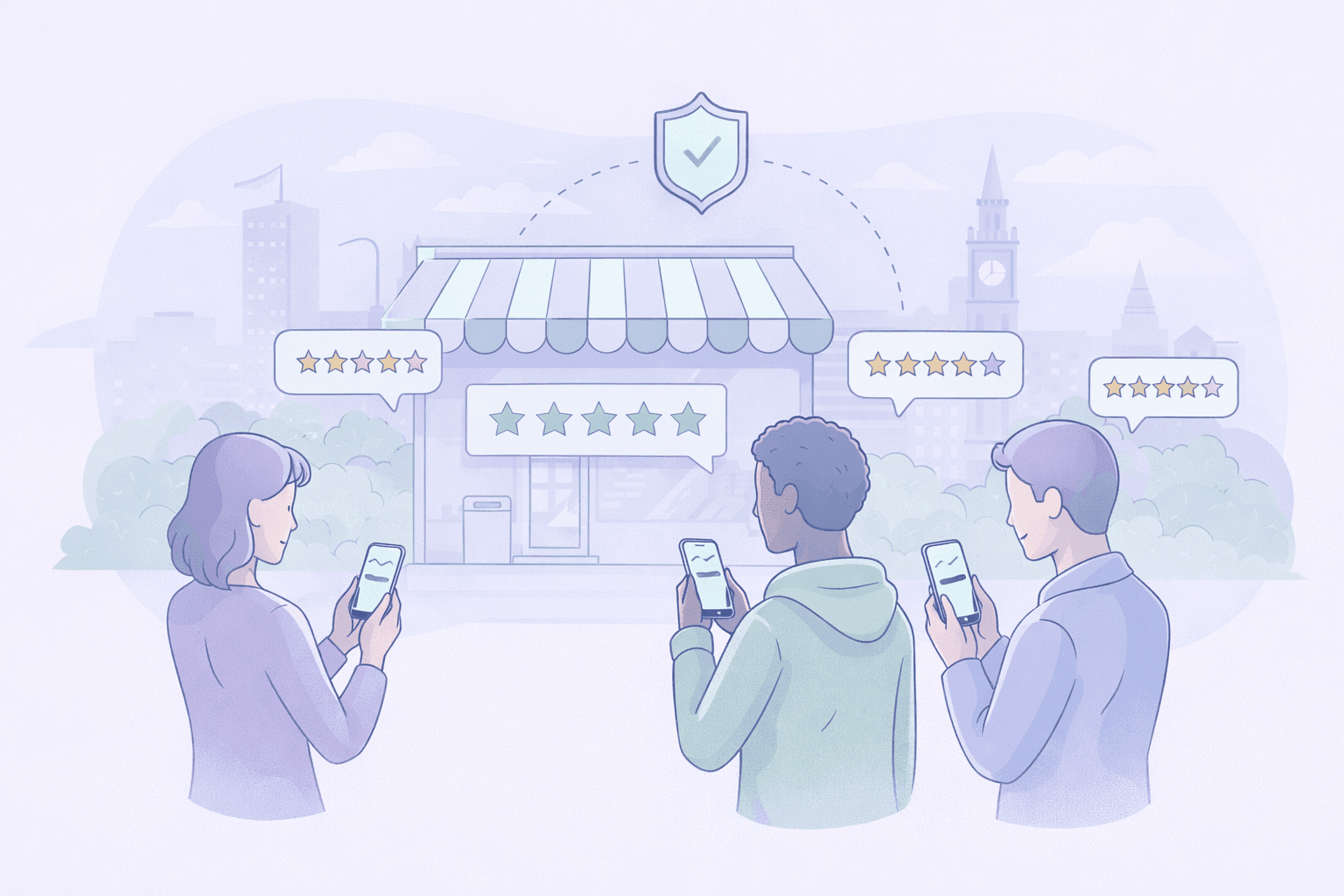 People checking online reviews for a Manchester shop