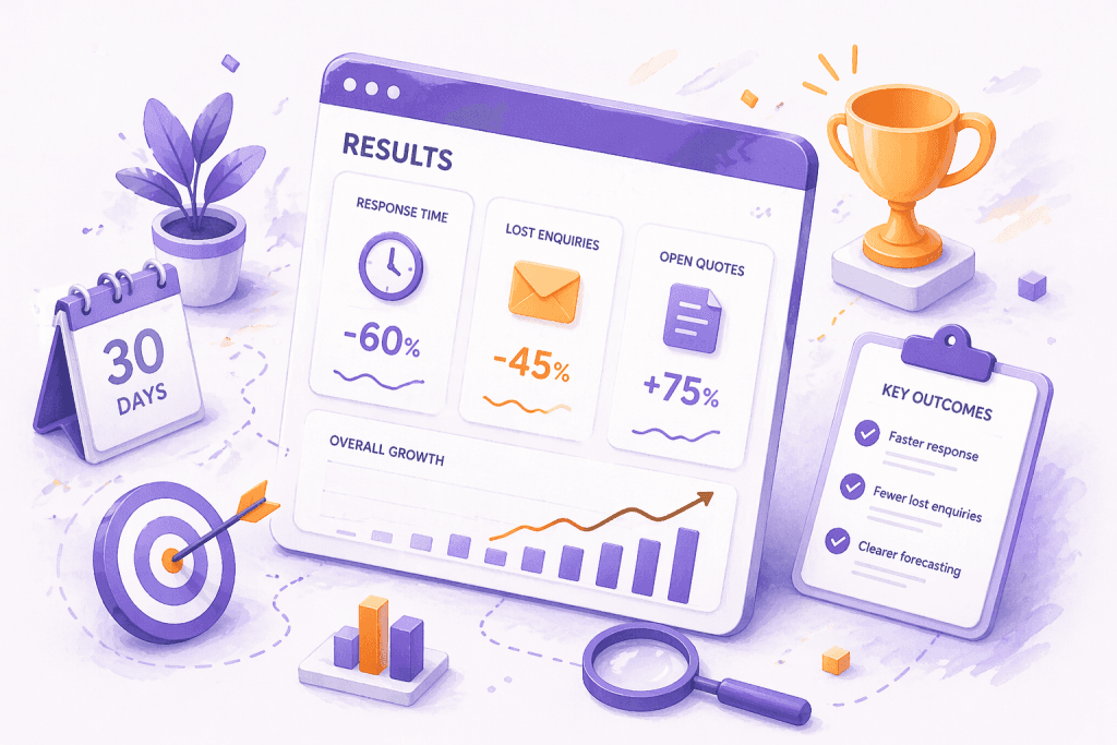 Illustrated 30-day results dashboard showing faster response times, fewer lost enquiries and more open quotes