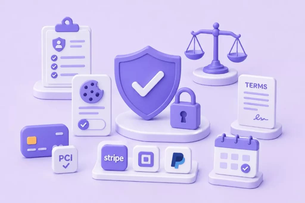 Shield, padlock, cookie consent, terms, scales and payment logos including Stripe and PayPal