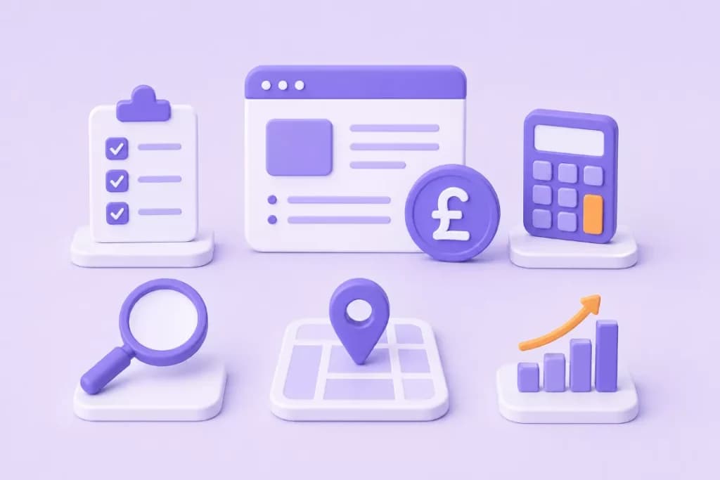 Website with a pound coin, calculator, checklist, map pin and growth chart representing UK costs