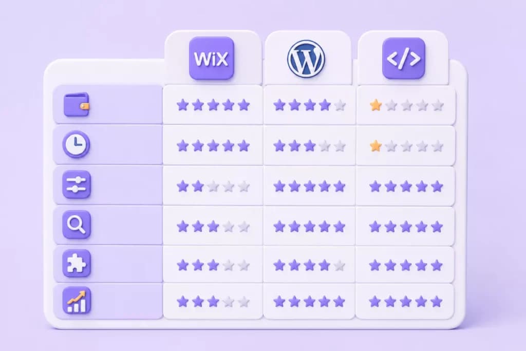 Star rating table comparing Wix, WordPress and custom code across six criteria