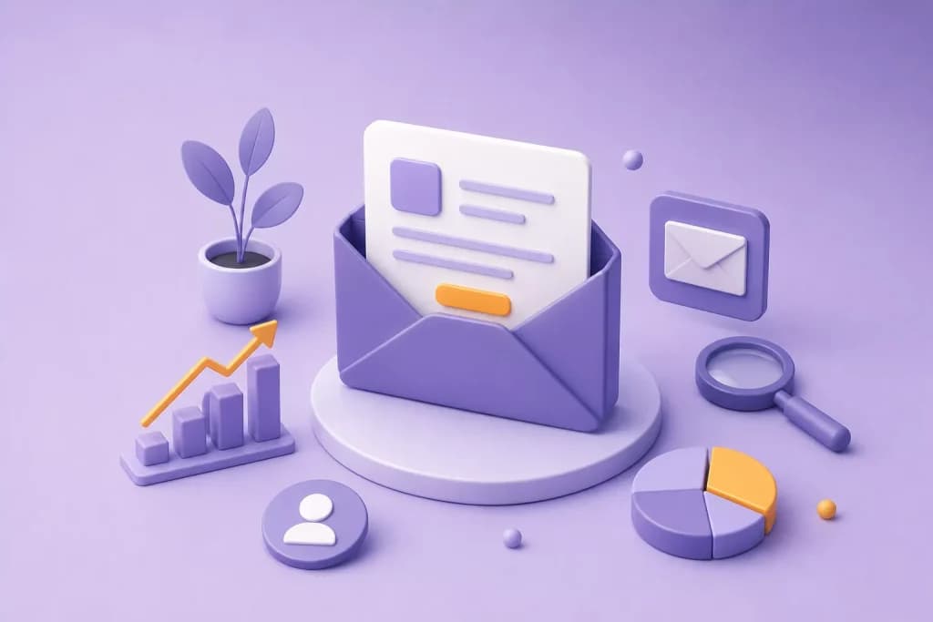 Open email with a call-to-action button surrounded by a contact icon, pie chart, magnifier and growth chart