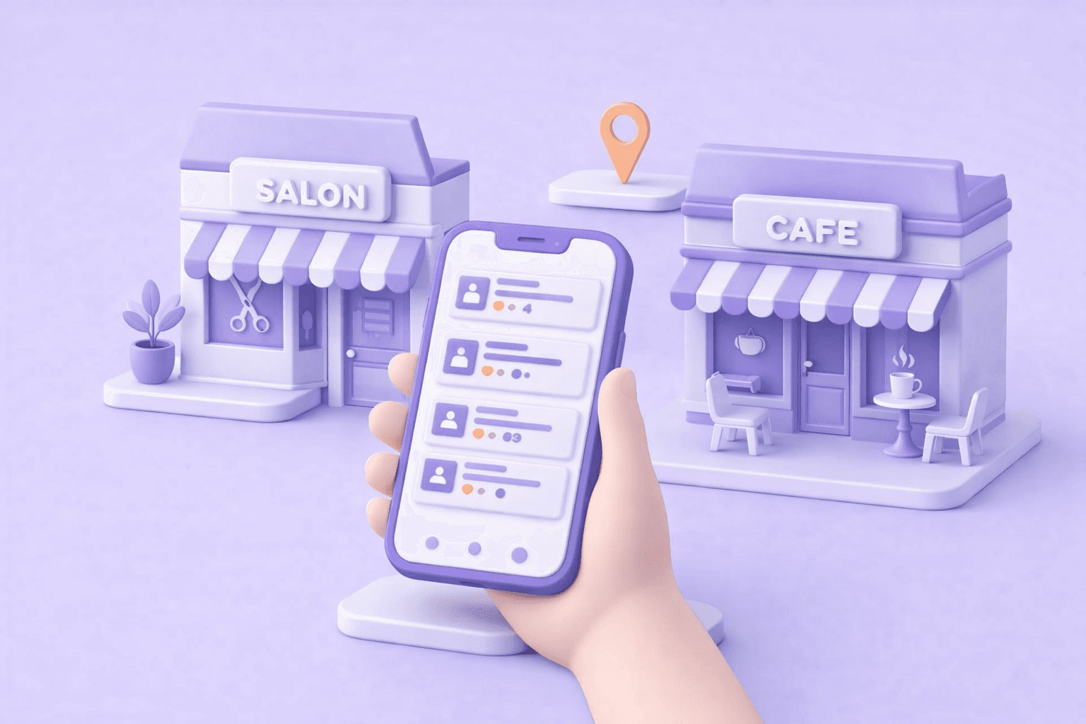 Hand holding a phone with local business listings in front of a salon and a café with a map pin