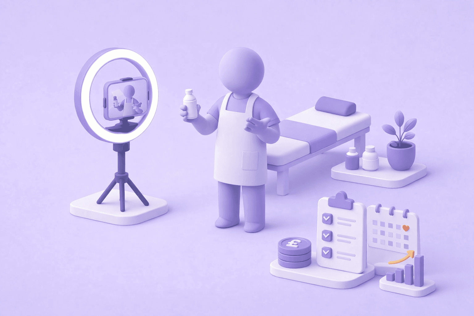 Clinic owner filming short-form video with a ring light and phone next to a treatment bed
