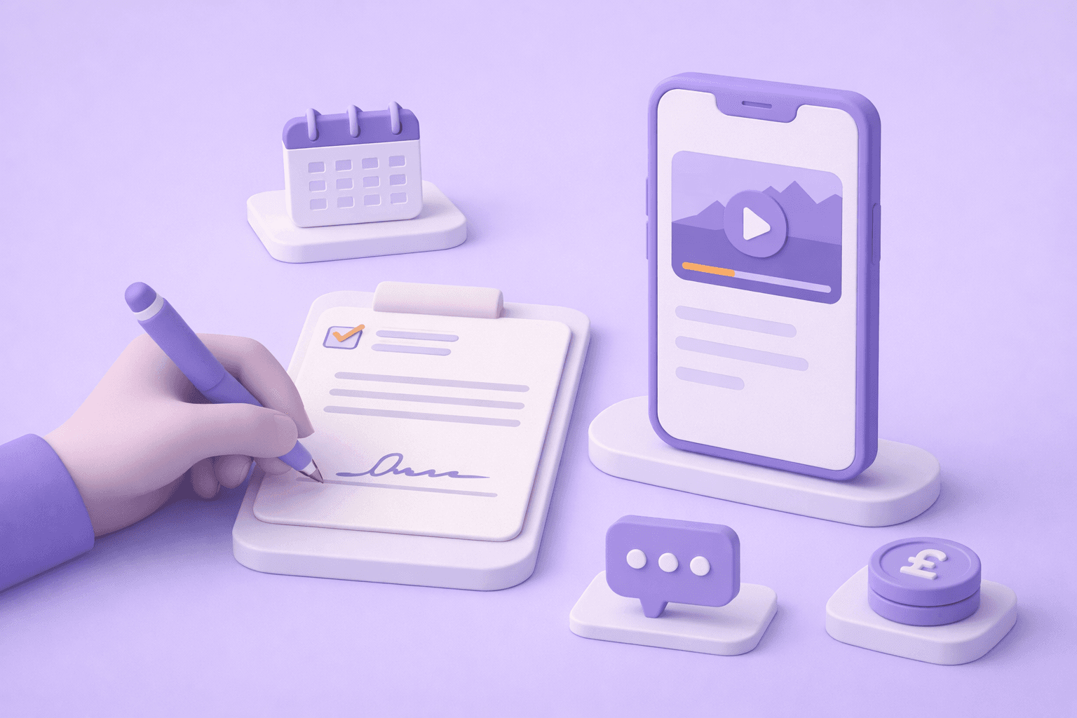 Hand signing a consent form next to a phone playing a video, representing permission to use customer content