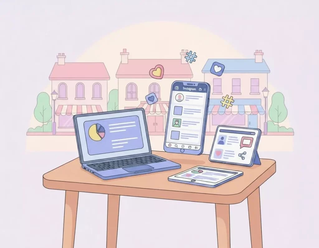 Laptop, phone and tablet showing social media content on a table in front of a row of shops
