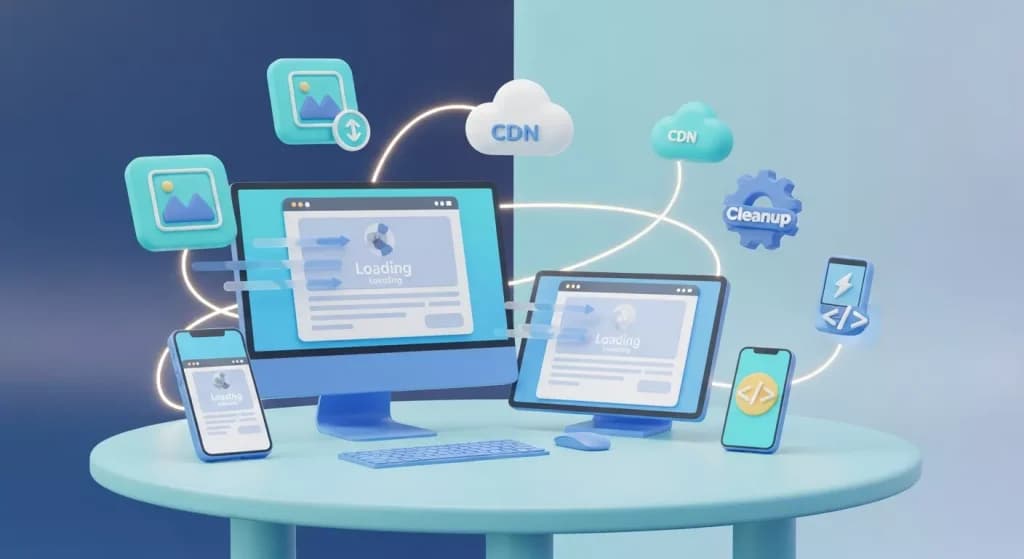 Desktop, laptop, tablet and phones on a table linked to CDN, image optimisation and code clean-up icons