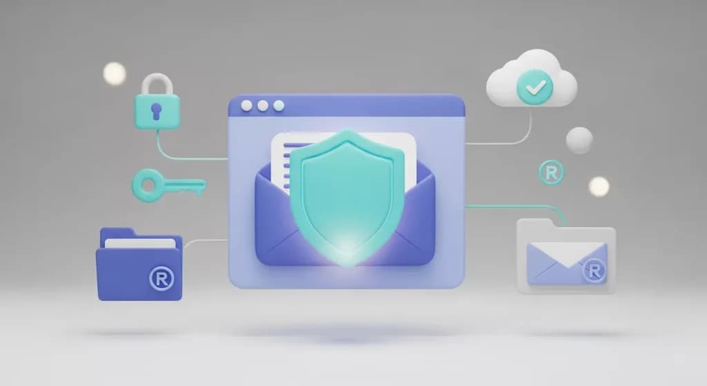 Email envelope protected by a shield, with a padlock, key, folders and a cloud check icon