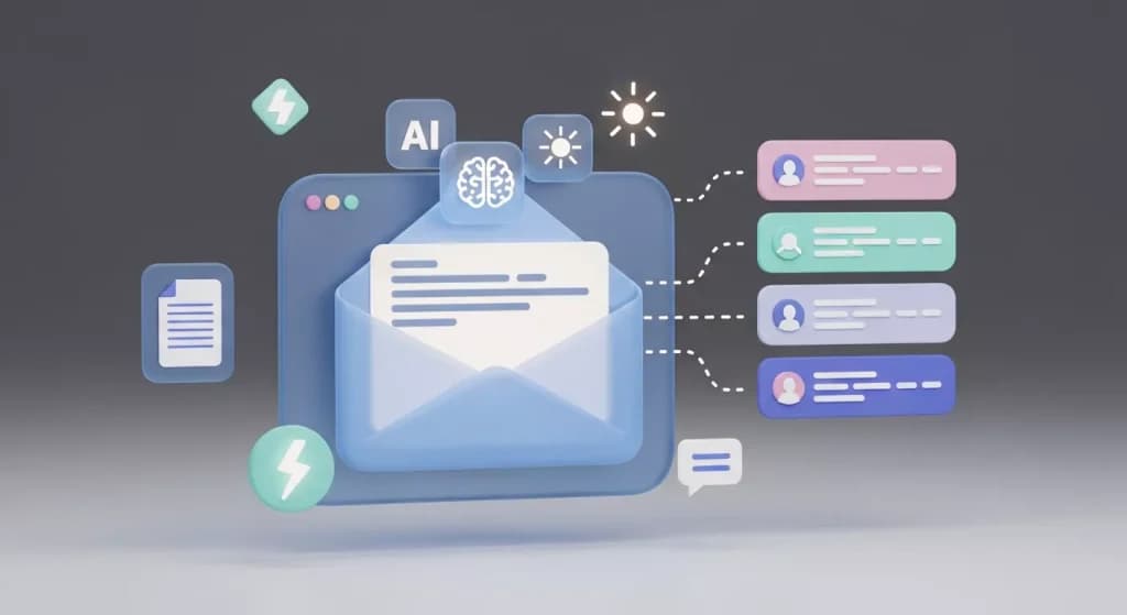 Open email with an AI brain icon splitting it into short summary cards for different contacts
