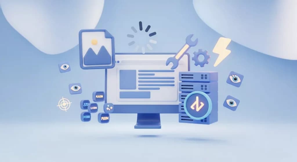 Monitor with a loading spinner surrounded by heavy images, a server, plugins and tracking icons that slow a site down