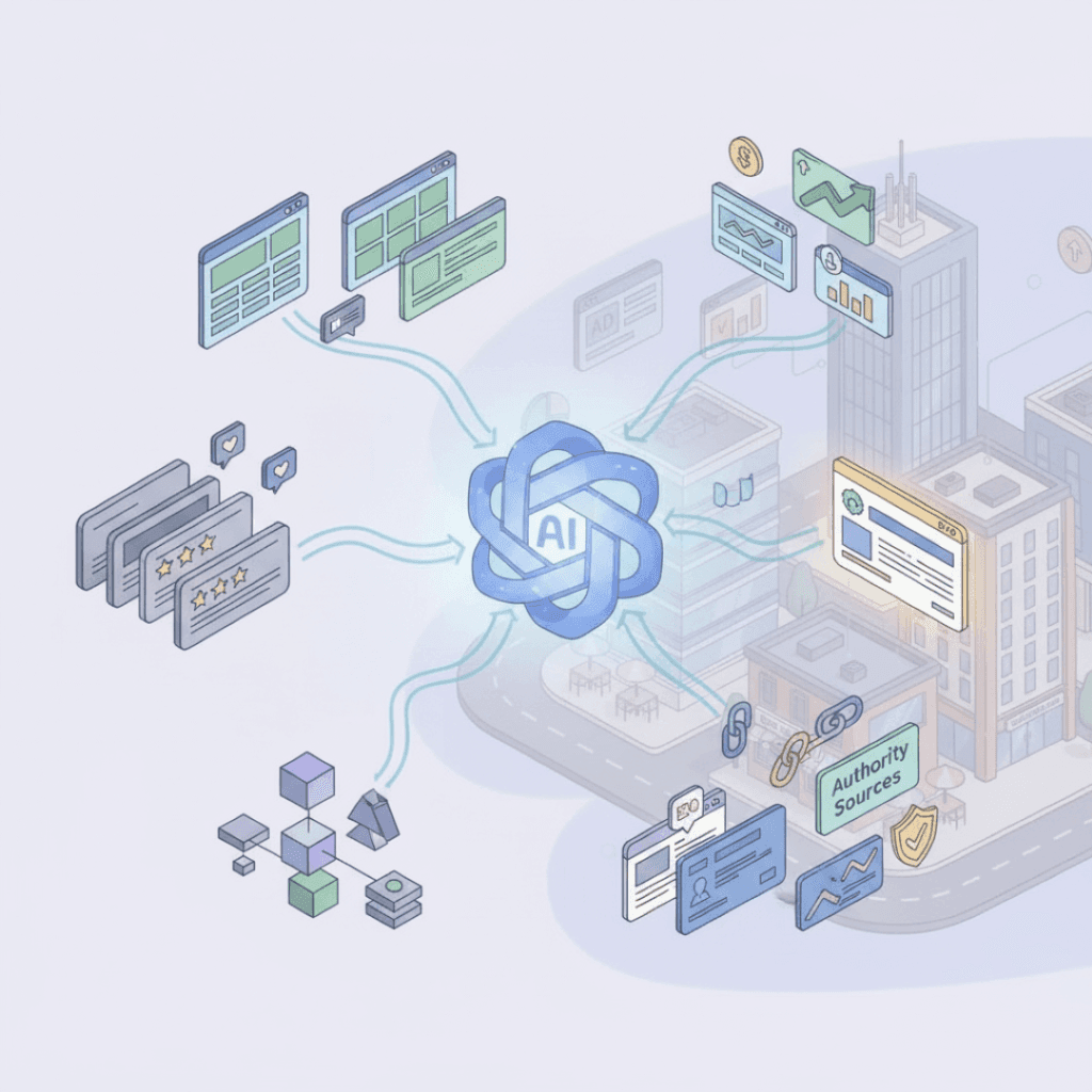 AI hub pulling in reviews, websites, listings and authority sources from around a city