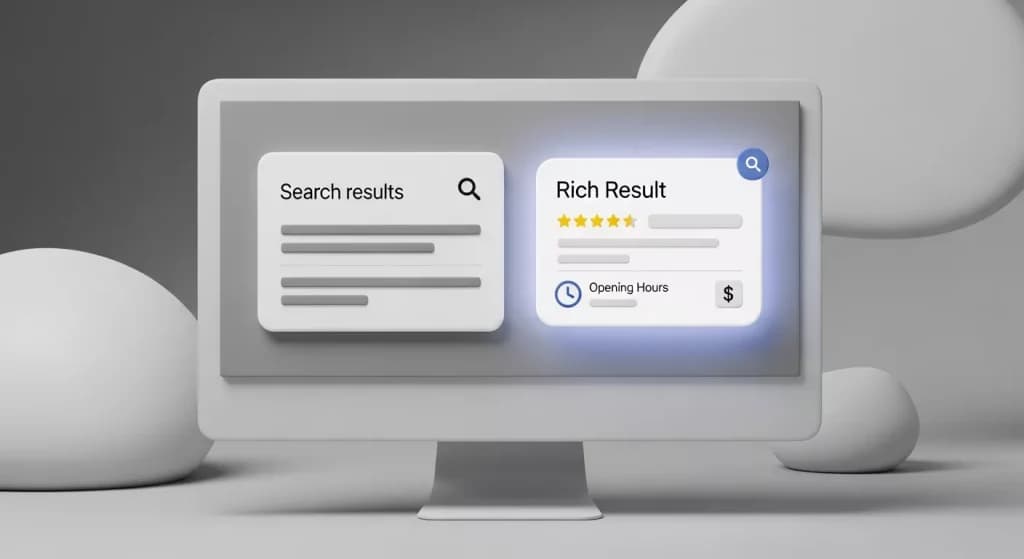 Monitor comparing a plain search result with a rich result showing stars and opening hours