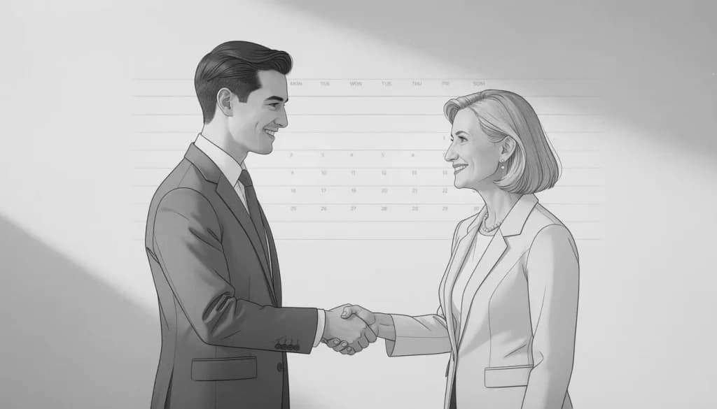 Business owner and agency lead shaking hands in front of a wall calendar