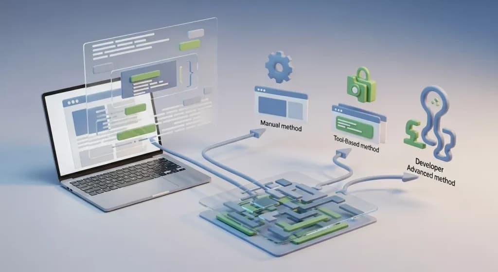 Laptop connected to manual, tool-based and developer methods for adding schema markup