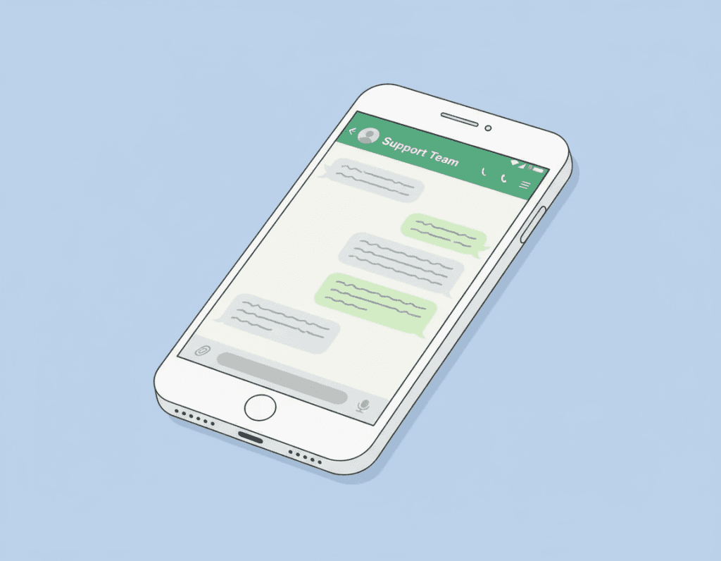 Phone showing a WhatsApp chat with a business support team