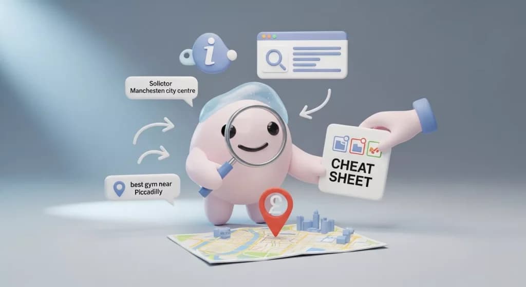 Character with a magnifying glass over a map, holding a cheat sheet beside local search bubbles