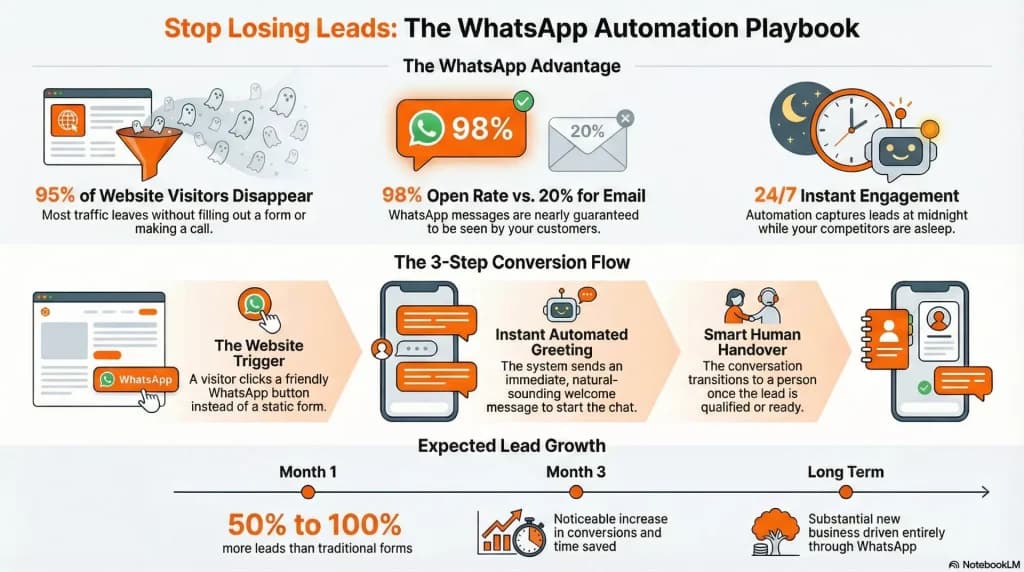 Infographic titled Stop Losing Leads: The WhatsApp Automation Playbook, with a three-step conversion flow