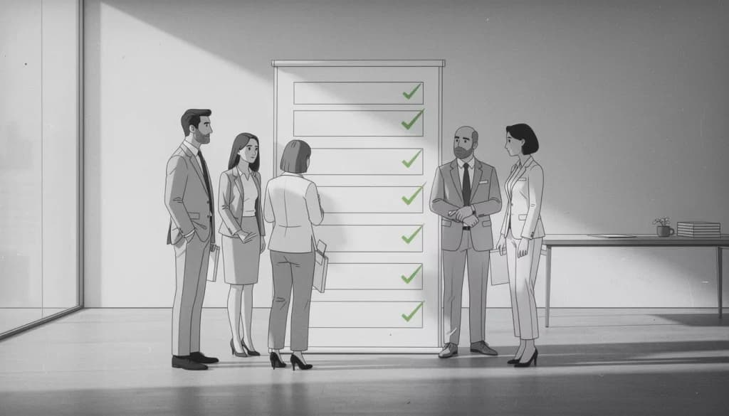 Business team standing beside a large checklist with green ticks