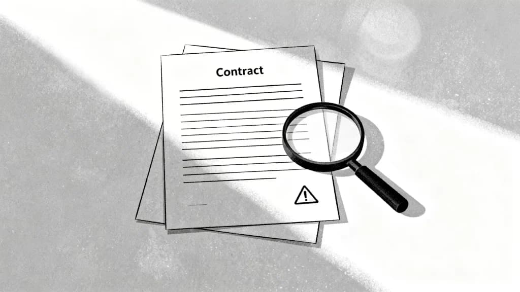 Contract under a magnifying glass with a warning triangle, representing agency red flags